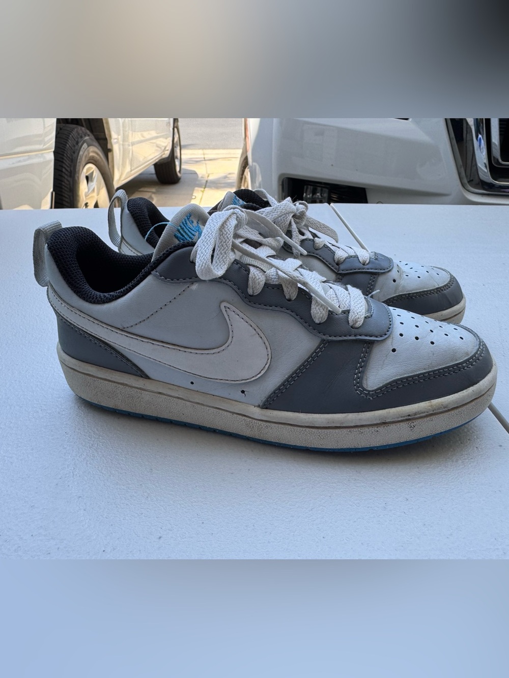 Nike Kids' Court Borough Recraft Low Top Sneaker, Size 4Y, white, grey. Lt. blue